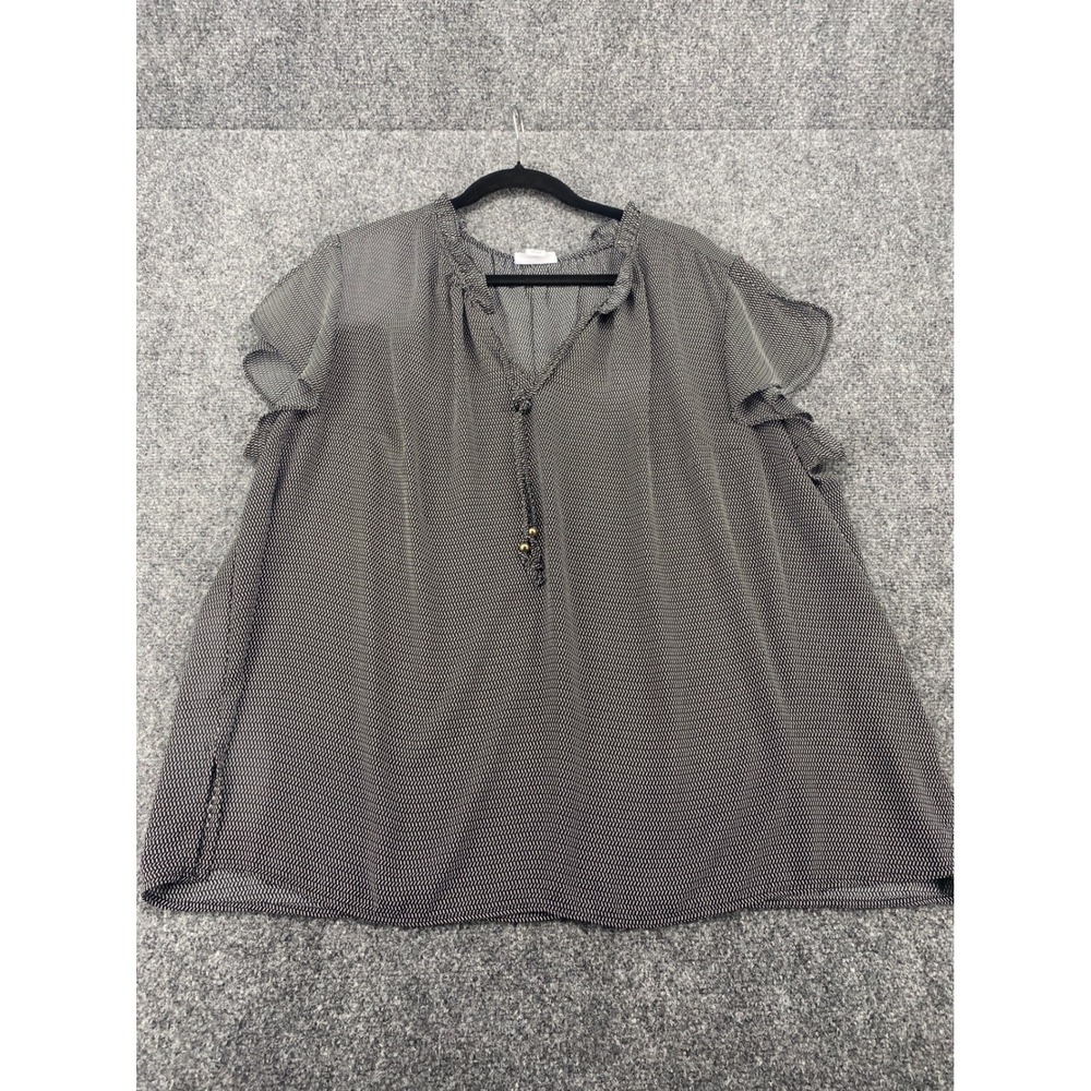 Catherines Flutter Sleeve Blouse 2X Black White Geometric Tassel Top Plus Size
